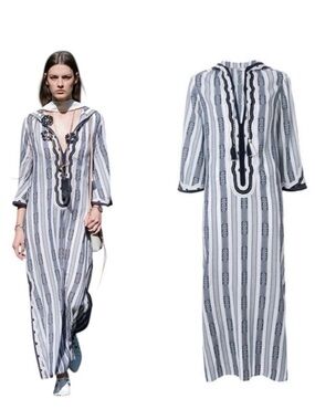 NEW TORY BURCH Corbin Hooded White Navy Stripe Runway Maxi Kaftan Tunic Dress